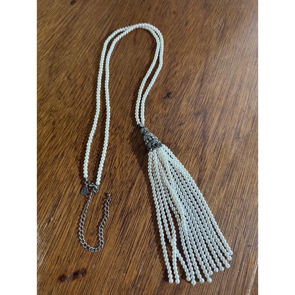 Cookie Lee Faux Pearl Tassel Necklace Silver Tone Long Strand Vintage Style